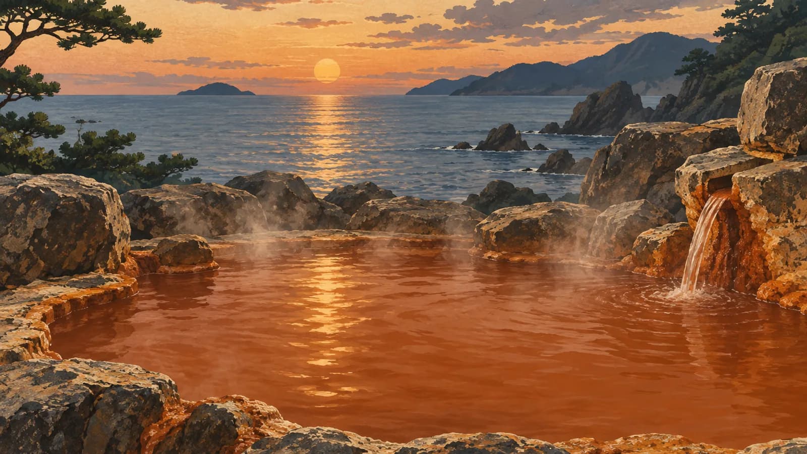 赤茶色のお湯をたたえた岩風呂と、その向こうに広がる夕暮れの海のイラスト
