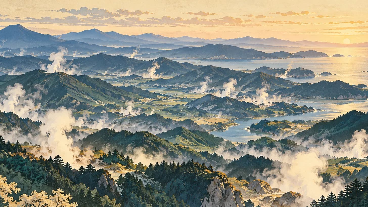 山並みと海岸線のあちこちの谷から湯けむりが立ちのぼる、日本の風景のイラスト