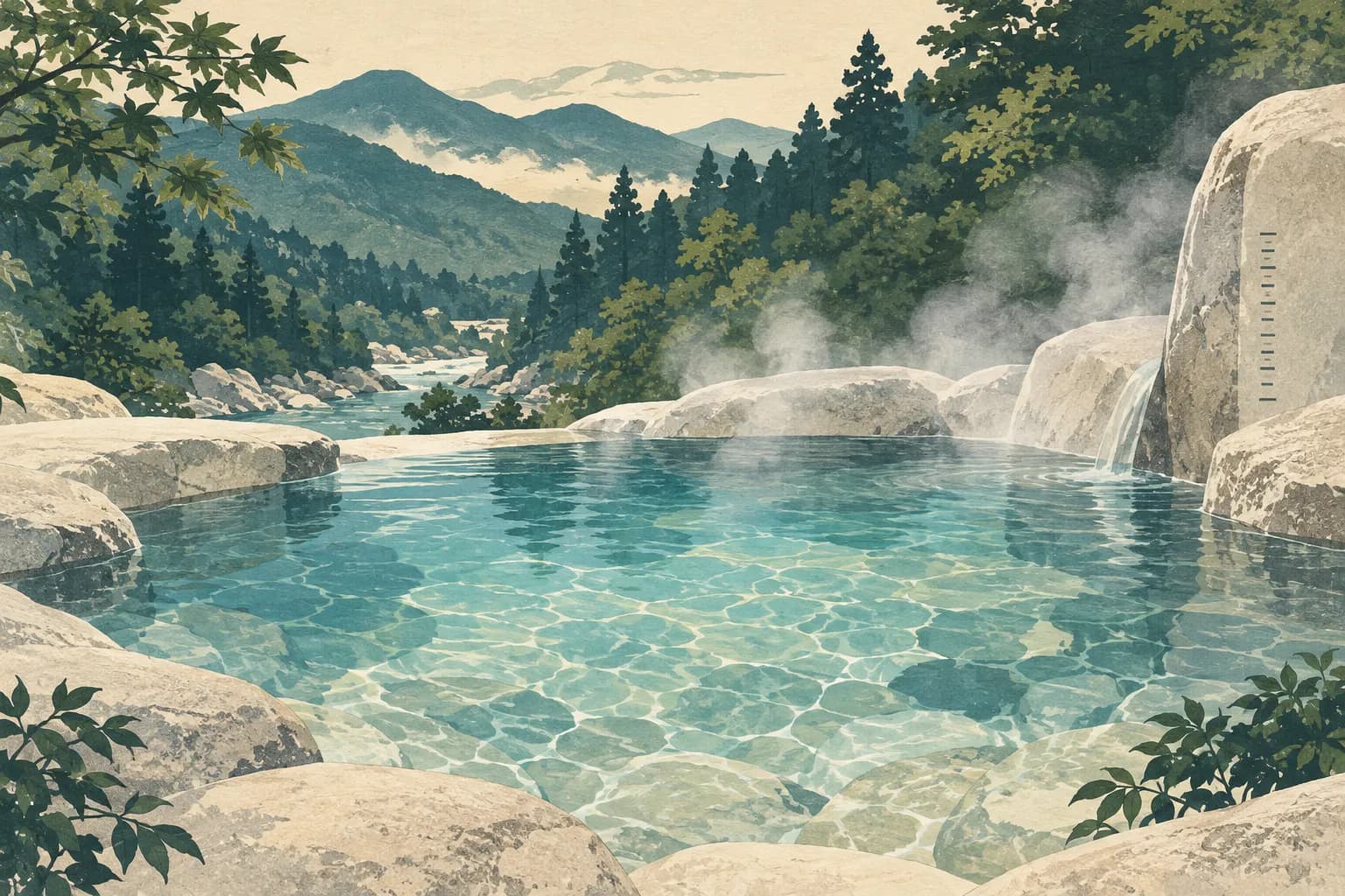 淡い石の上に澄んだ湯が張られた温泉のイラスト